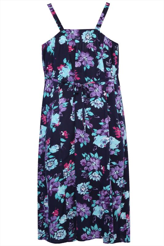 Navy Blue And Purple Floral Print Maxi Sun Dress plus size 16,18,20,22 ...