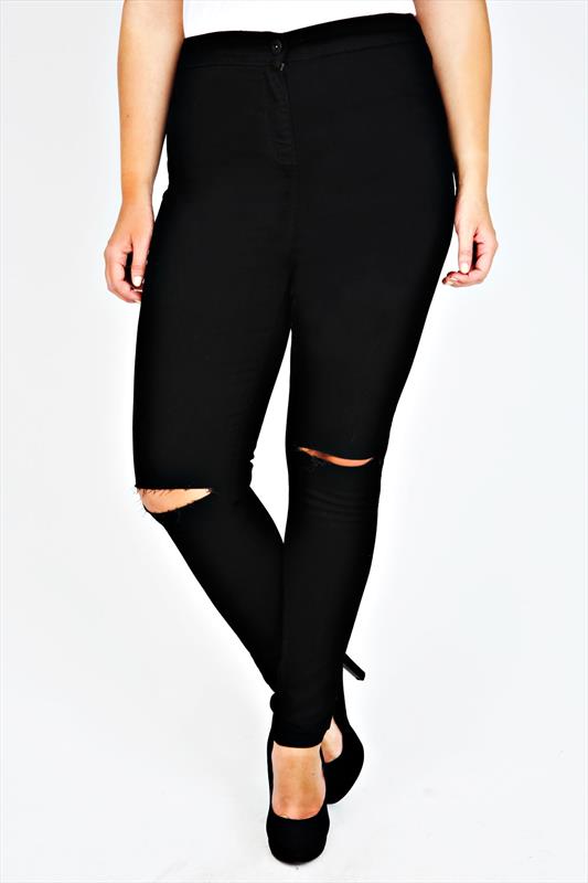 Black Stretch High Waisted Jeans With Ripped Knees Plus Size 14 to 28