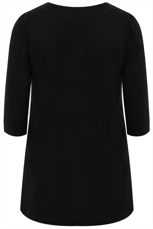 Black Scoop Neckline Basic T-Shirt With 3/4 Sleeves plus Size 16 to 32