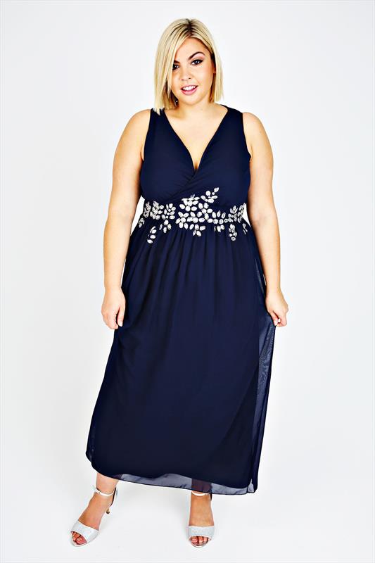 Navy Cross Over Maxi Dress With Embellished Waist Plus Size 16 to 32