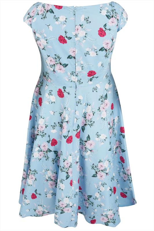 HELL BUNNY Blue & Pink Floral Print 50s Midi Dress Plus size 16,18,20,22,24