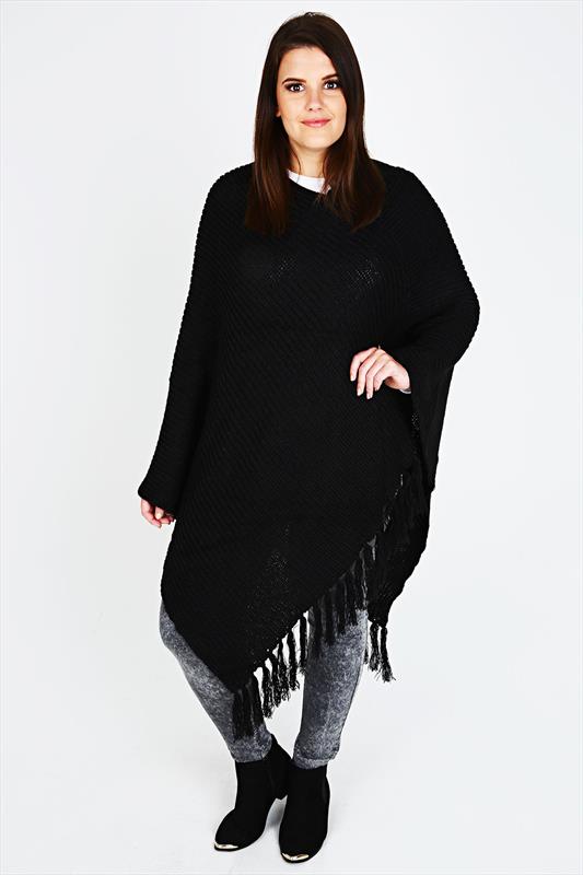 Black Chunky Knit Poncho With Tassels