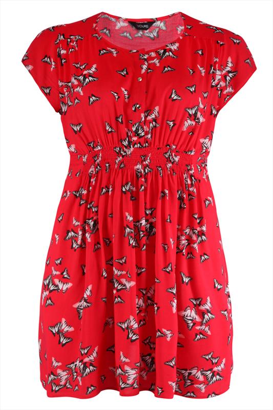 Red Tunic Dress With Butterfly Print And Gold Buttons plus size 16,18 ...