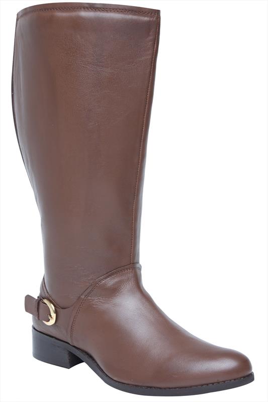 Brown Leather Knee High Riding Boots With Buckle Trim & XXL Ca In EEE ...