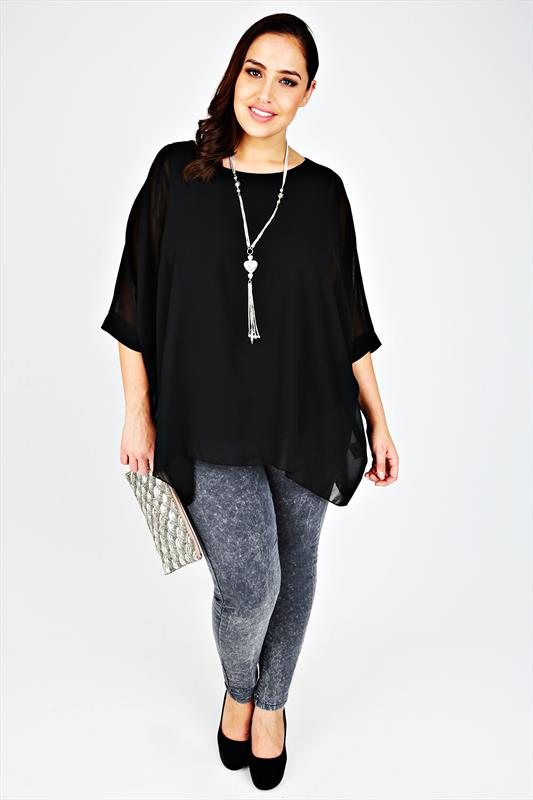 Black Bat Wing Sleeve Chiffon Top With Necklace Plus Size 14 to 36