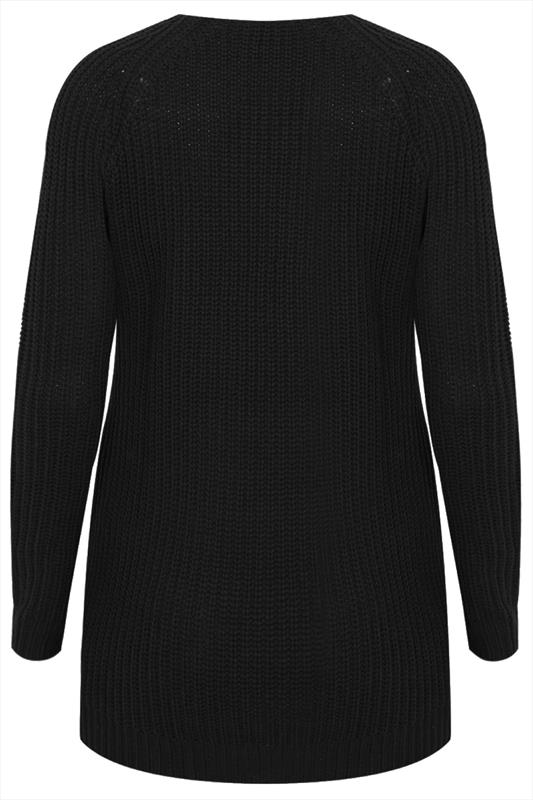 Black Longline Knitted V Neck Jumper Plus Size 16 to 36