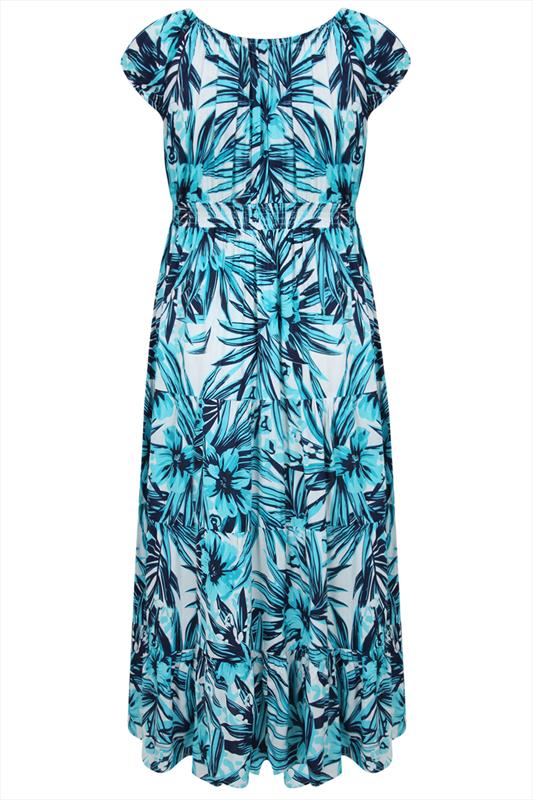 Turquoise & White Tropical Print Gypsy Maxi Dress plus size 14,16,18,20 ...
