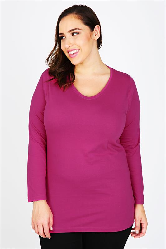 Pink Long Sleeve V-Neck Plain T-Shirt plus Size 16 to 36