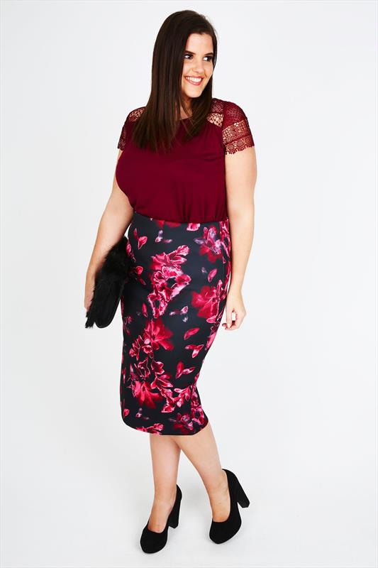 Black & Pink Floral Print Pencil Skirt With Zip Detail Plus Size 14 to 32