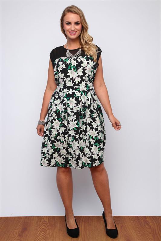 Black, Green and Cream Lily Print Midi Dress With Mesh Insert plus size ...