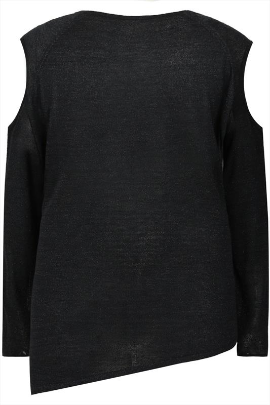 Black Sparkle Lightweight Knitted Top With Cold Shoulder Detail Plus ...