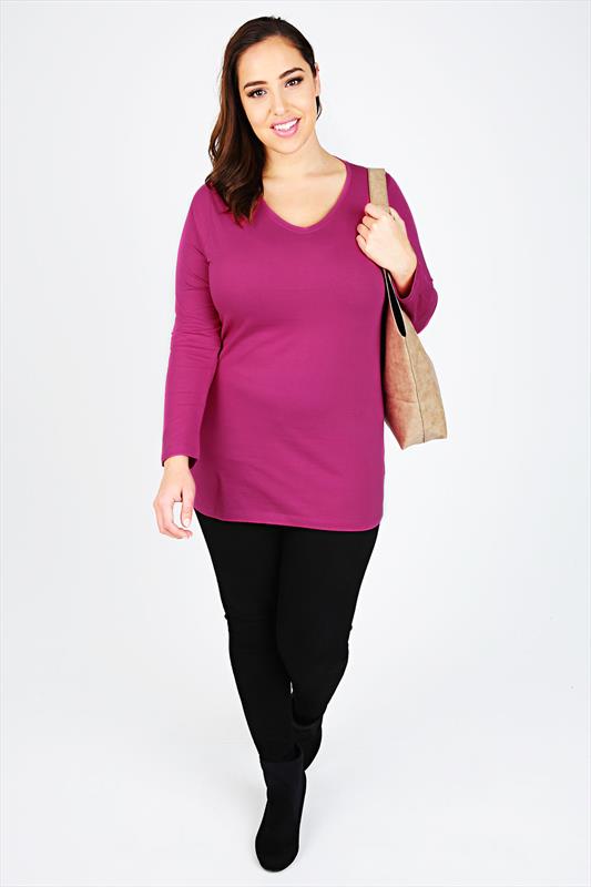Pink Long Sleeve V-Neck Plain T-Shirt plus Size 16 to 36