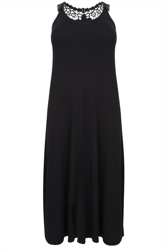 Black Sleeveless Jersey Maxi Dress With Crochet Back plus size 14,16,18 ...