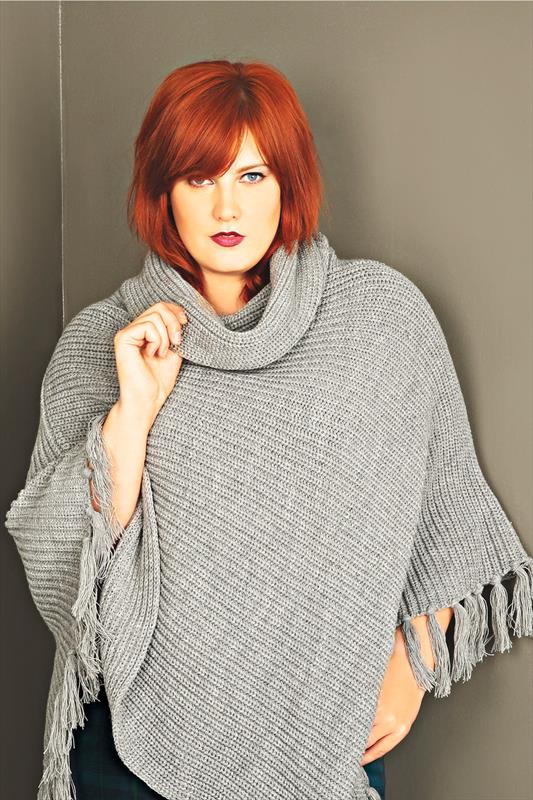 Grey Chunky Knit Cowl Neck Poncho With Tassels 2820