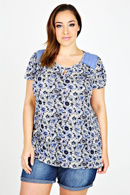 Navy Floral Print Short Sleeve Top With Keyhole Neck & Crochet Detail ...