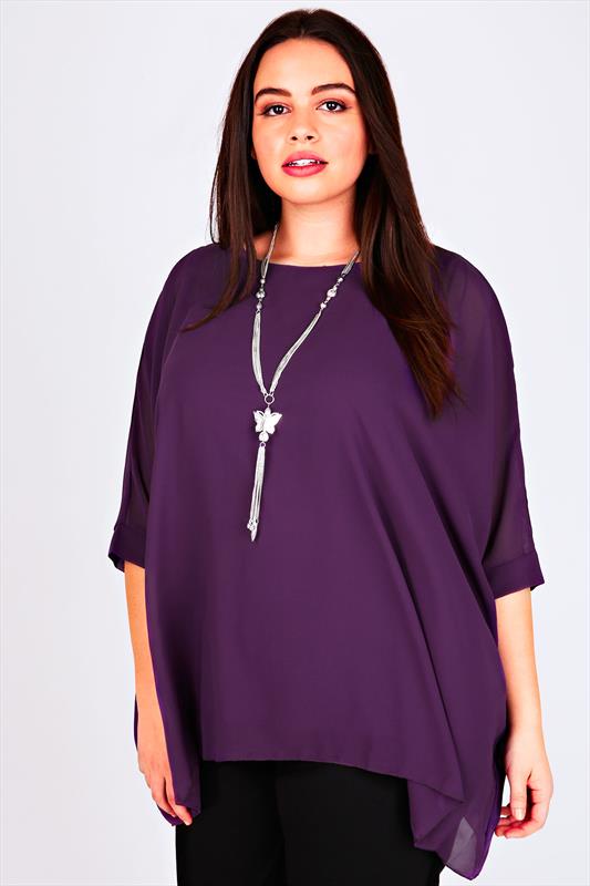 Purple Batwing Sleeve Chiffon Top With Necklace Plus Size 14 to 32