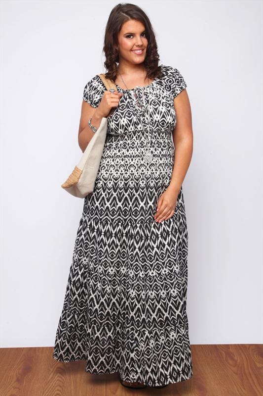 Black And White Aztec Print Beaded Gypsy Maxi Dress plus size 16,18,20 ...