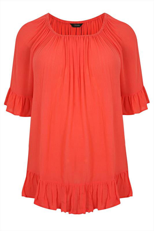 Orange Frill Gypsy Crinkle Top With Elasticated Neckline Plus size 16 ...