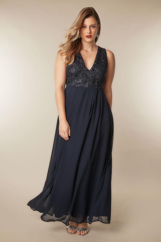 AX PARIS CURVE Navy Maxi Dress With Lace Overlay Bodice ... The most common extra long dresser material is cotton.