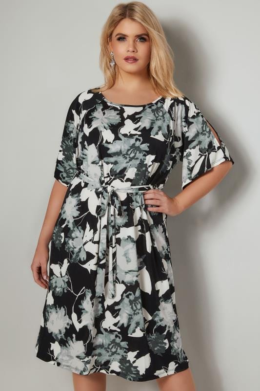 BLUE VANILLA CURVE Black & White Cold Shoulder Shadow Floral Dress With ...