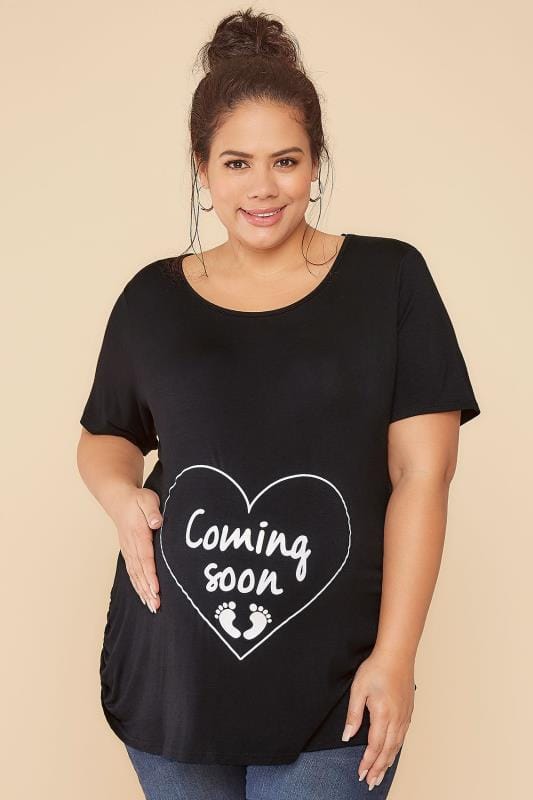 BUMP IT UP MATERNITY Black Top With White Glitter Soon' Print