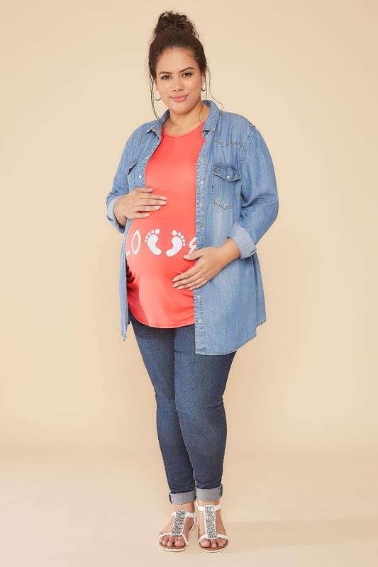Bump It Up Maternity Coral Top With White Glitter Love Print Plus Size 16 To 32