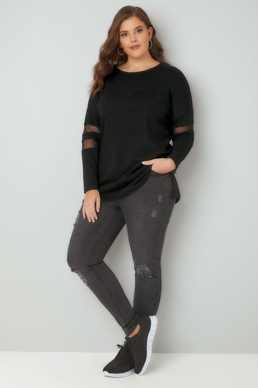 Black 'Babe' Embossed Sweat Top With Mesh Inserts, Plus size 16 to 36