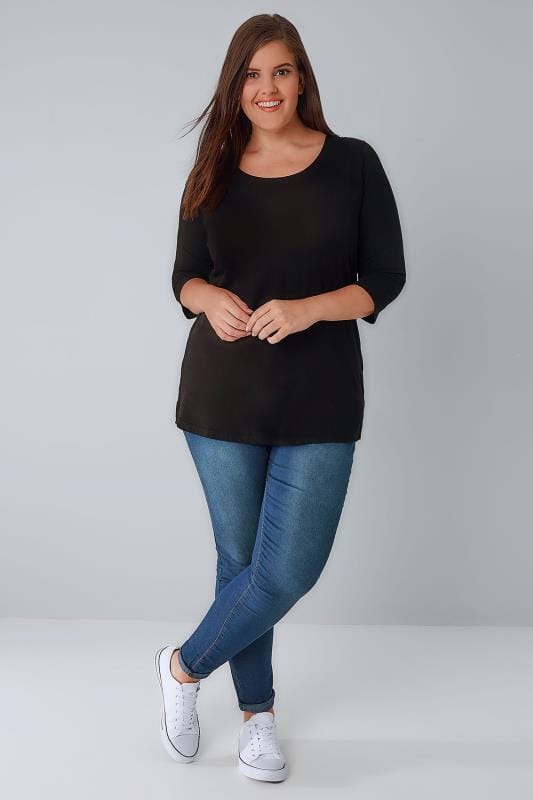 Black Band Scoop Neckline T-Shirt With 3/4 Sleeves, Plus size 16 to 36