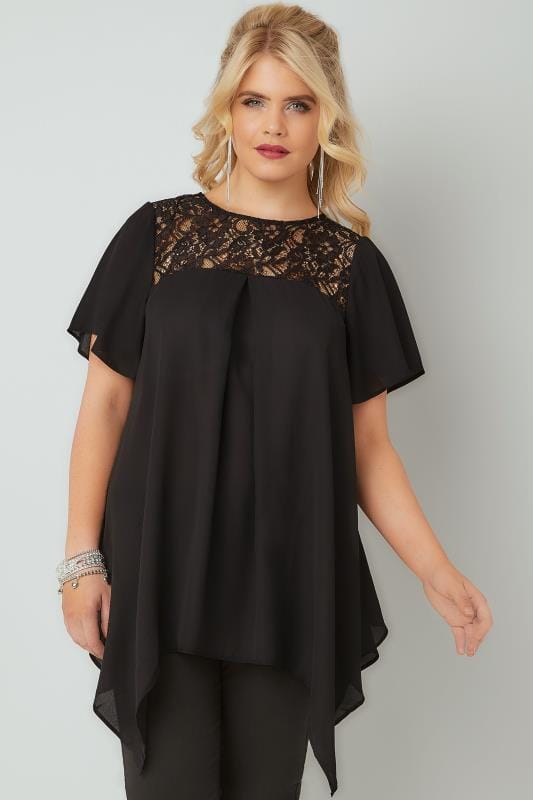 Black Blouse With Lace Sequin Yoke Plus Size 16 To 32