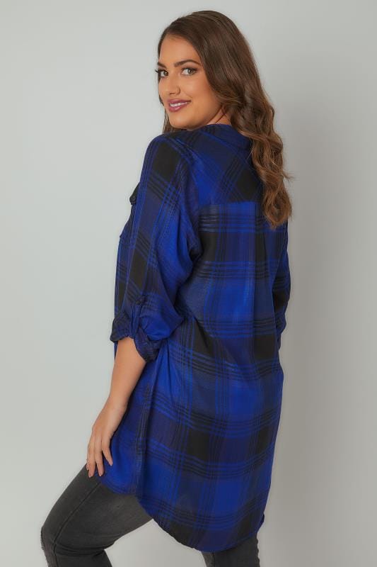 Black & Blue Checked Shirt With Zip Front, Plus size 16 to 36