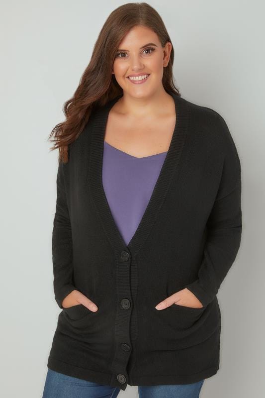 Black Button Up Cardigan With Two Pockets, Plus size 16 to 36