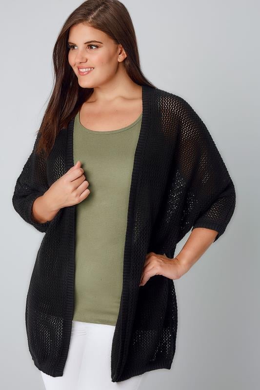 Black Open Knit Cocoon Cardigan With Half Sleeves, Plus size 16 to 36
