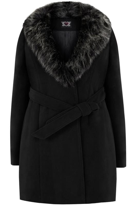 Black Coat With Faux Fur Collar & Tie Waist, Plus size 16 to 36