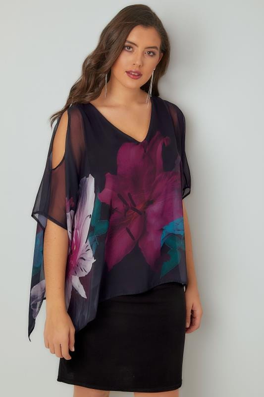 Black Cold Shoulder Double Layer Cape Dress With Floral Print, Plus ...