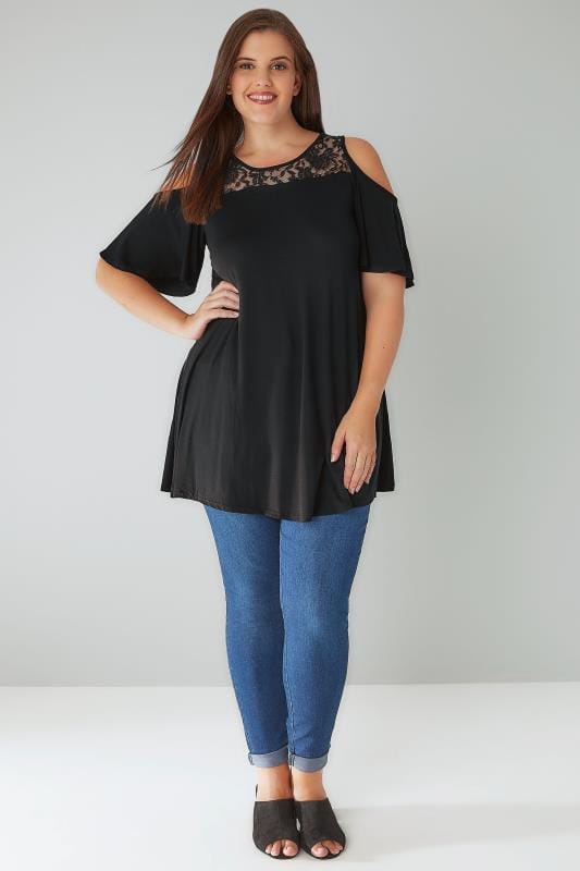 Black Cold Shoulder Longline Jersey Top With Lace Panel plus size 16 to 36