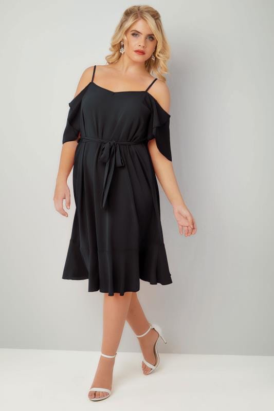 Black Cold Shoulder Swing Dress With Frill Hem, Plus size 16 to 36