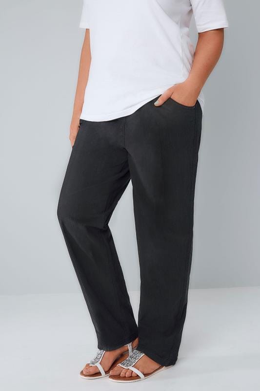 Black Cool Cotton Pull On Wide Leg Trousers With Pockets Plus Size 16 To 36