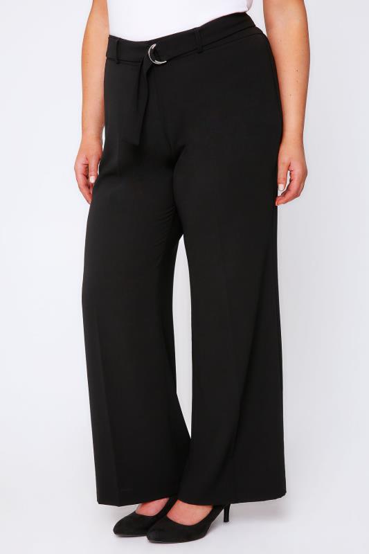 Black Crepe Wide Leg Trousers With Silver Ring Belt Plus Size 16 to 32