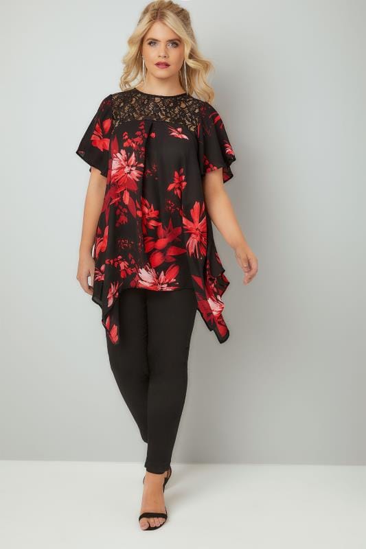 Black & Deep Red Floral Print Blouse With Lace Sequin Yoke, Plus size ...