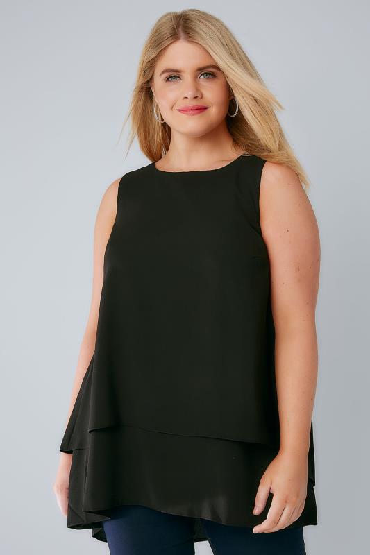 Black Double Layer Longline Top With Dip Hem plus size 16 to 36
