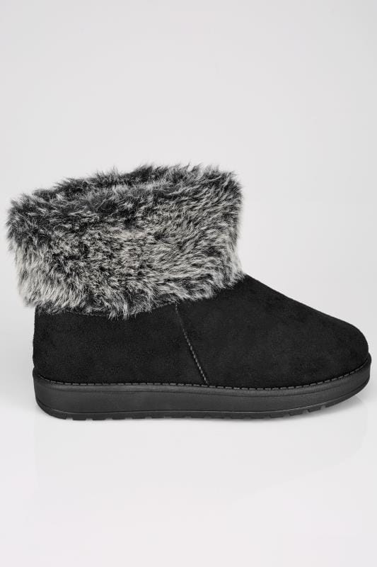 Black Faux Fur Trim Ankle Boots In TRUE EEE FIT