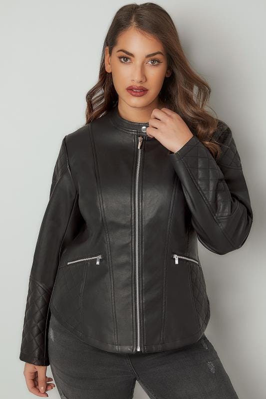 Black Faux Leather Jacket With Quilted Shoulders, Plus size 16 to 36