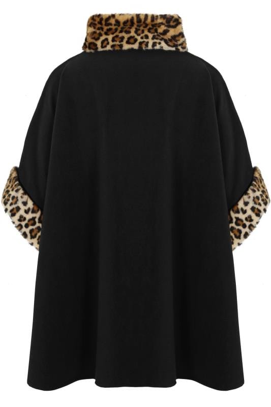 Black Fleece Wrap With Leopard Print Faux Fur Trims, Plus size 16 to 32