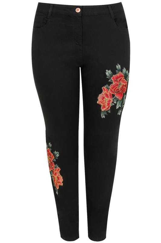 Black Floral Embroidered Skinny AVA Jeans, Plus size 16 to 28