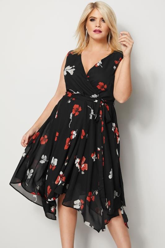 Black Floral Print Wrap Dress With Hanky Hem, plus size 16 to 36