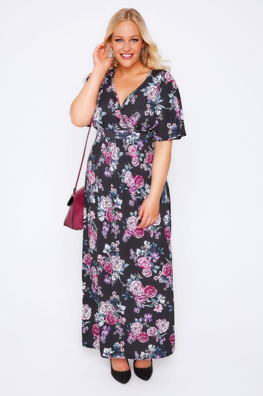 Black Floral Print Wrap Front Maxi Dress Plus Size 16 to 32