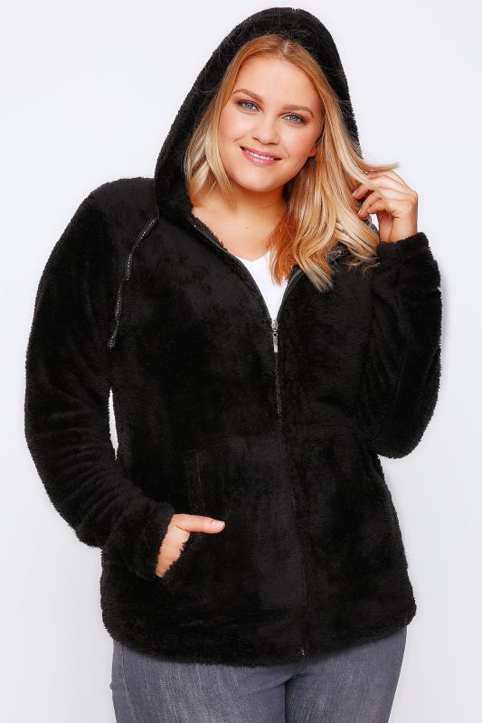 Black Fluffy Hooded Zip Up Fleece Plus size 16,28,20,22,24,26,28,30,32 ...