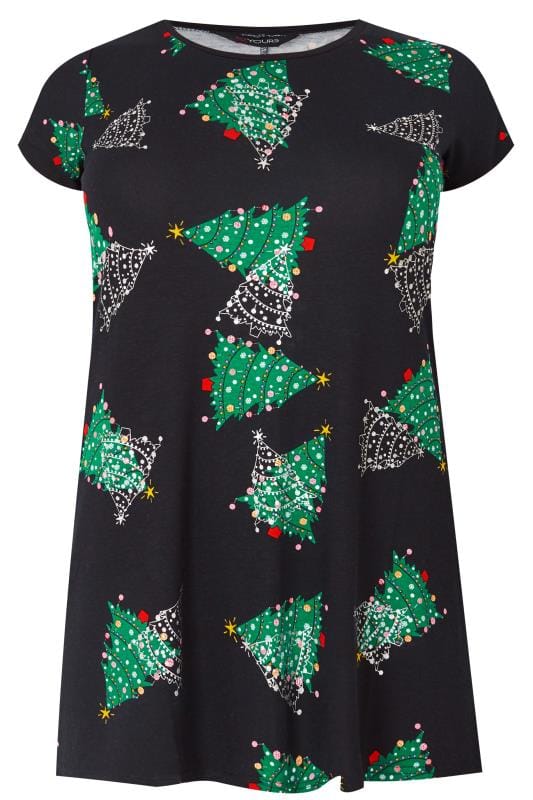 Asymmetric Hem Sequin Embellished Tree Print Christmas T Shirt