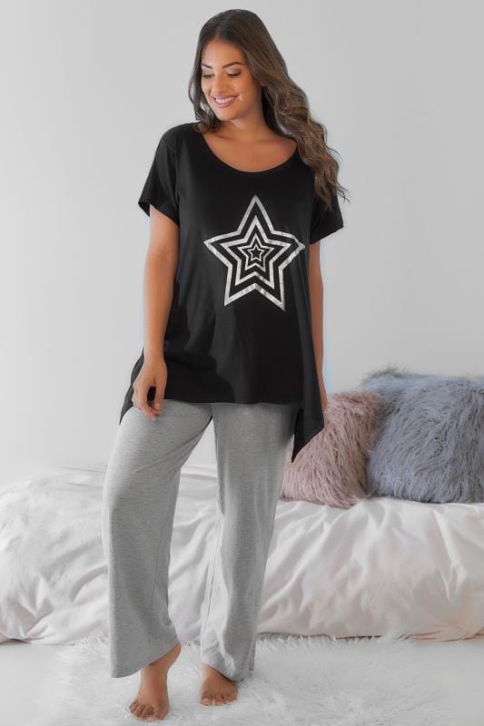 Black Foil Star Print Pyjama Top With Hanky Hem Plus Size 16 To 36