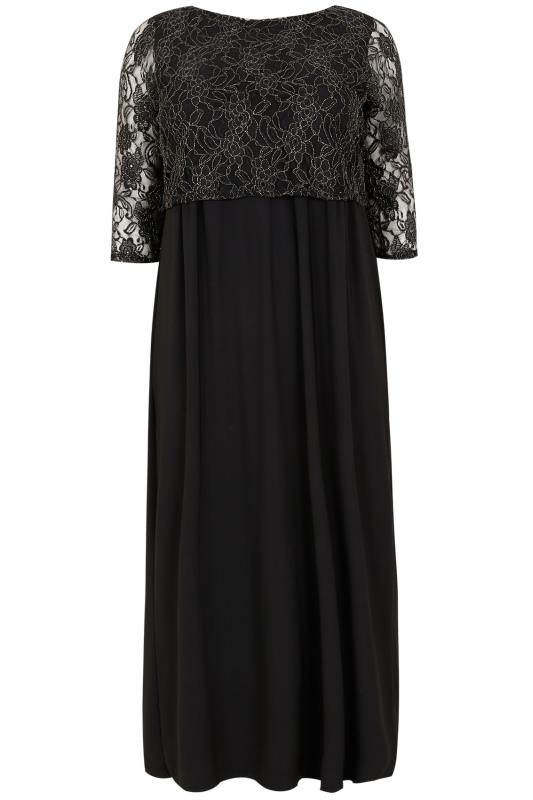 Black & Gold Maxi Lace Overlay Dress With Long Sleeves plus Size 16 to 32